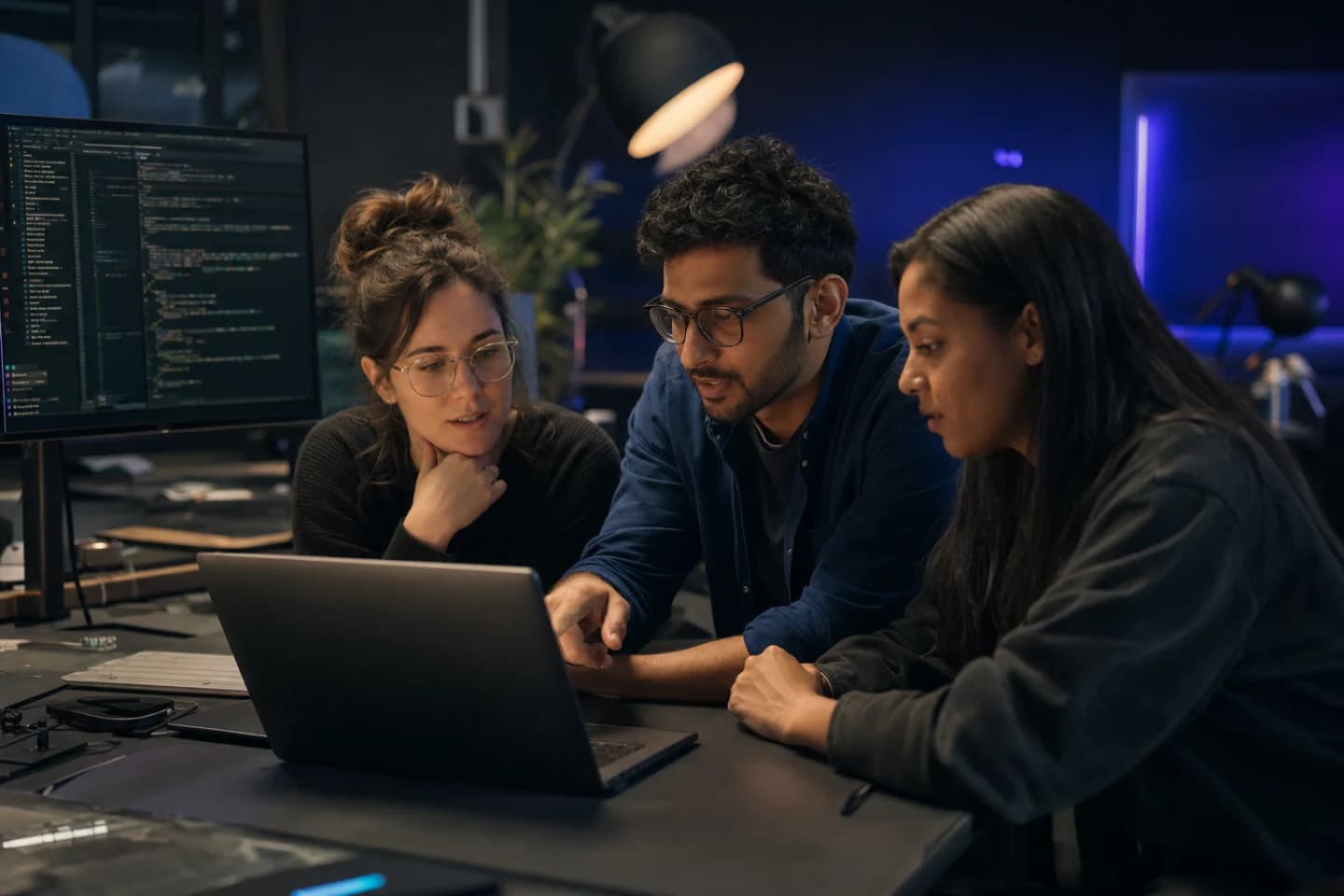 A product team collaborating around a laptop and code screens